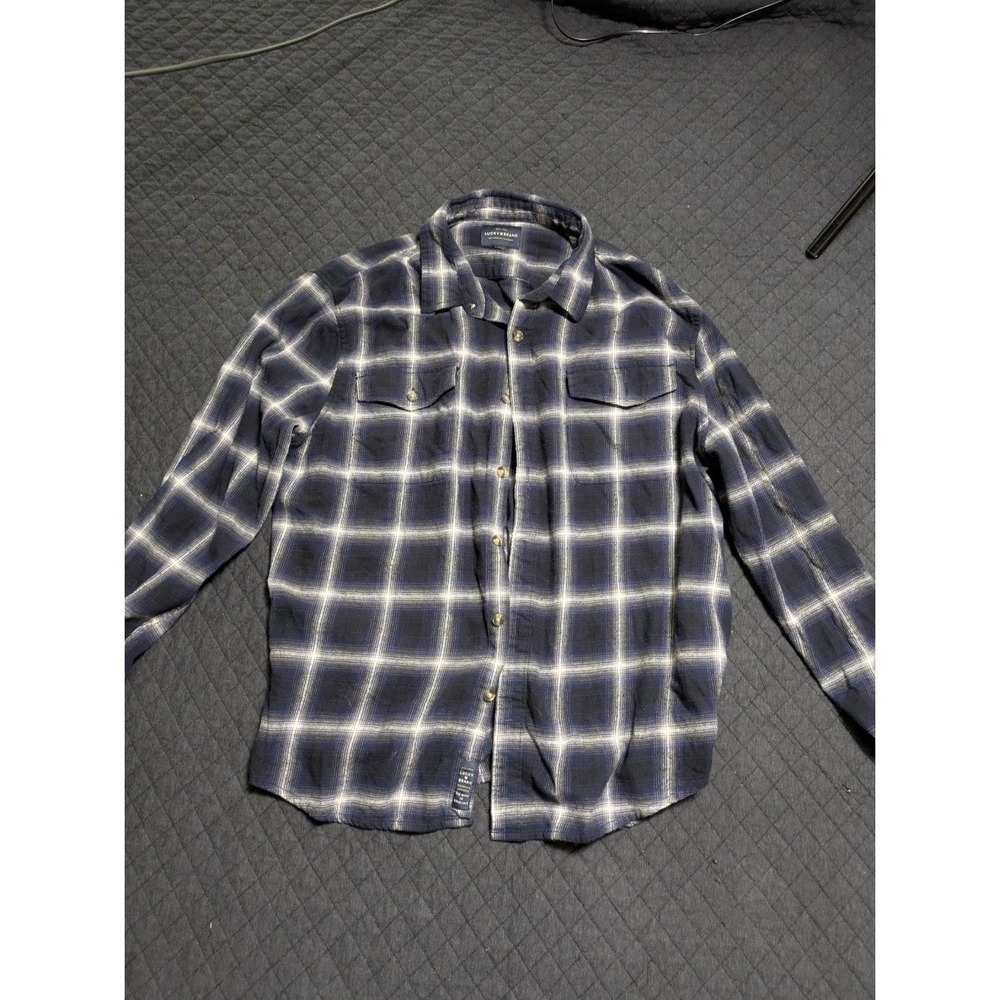 Lucky Brand Button-Up Mens L Blue Plaid Long Sleeve Flannel Shirt